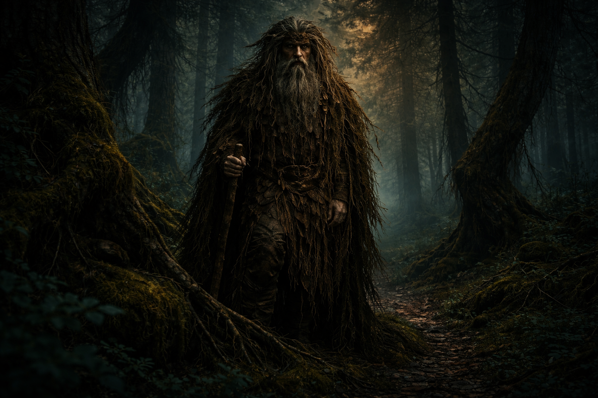 Густой древний лес в сумерках. На переднем плане — леший: высокий, худой, дикий лесной дух, с лицом старого человека, спутанными длинными волосами, бородой, одеждой из коры, мха, ветвей и звериных шкур. Он стоит среди искривлённых стволов и коряг, смотрит прямо или немного в сторону, как хозяин леса.