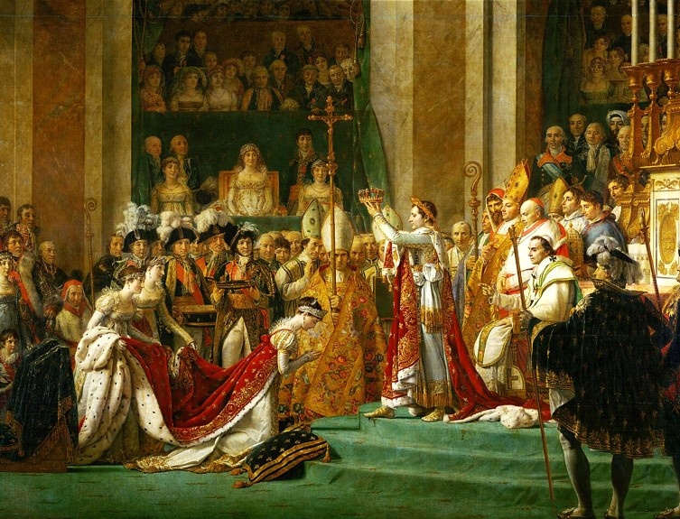 Рис. 2. Фрагмент картины Жака Луи Давида (фр. Jacques-Louis David) «Коронация императора Наполеона I Бонапарта и императрицы Жозефины в соборе Парижской Богоматери 2 декабря 1804 года» 1804-1807 гг. Наполеон (1769-1821 гг.) короновал себя и Жозефину (1763-1814 гг.) сам, но в присутствии Папы Пия VII (1742-1823 гг.), и это было явно рассчитано на примирение французов-католиков с Наполеоновской Империей