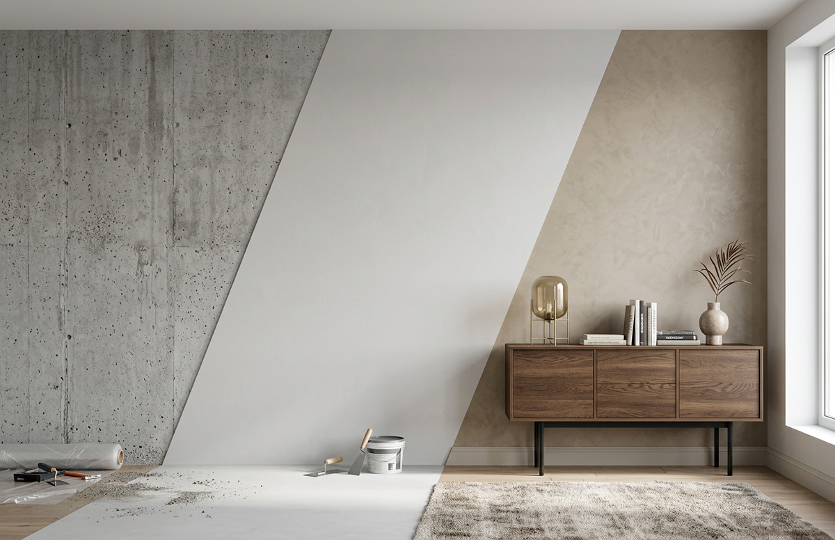 Слева- черновая отделка, по центру- предчистовая (white-box), справа- чистовая (с мебелировкой)