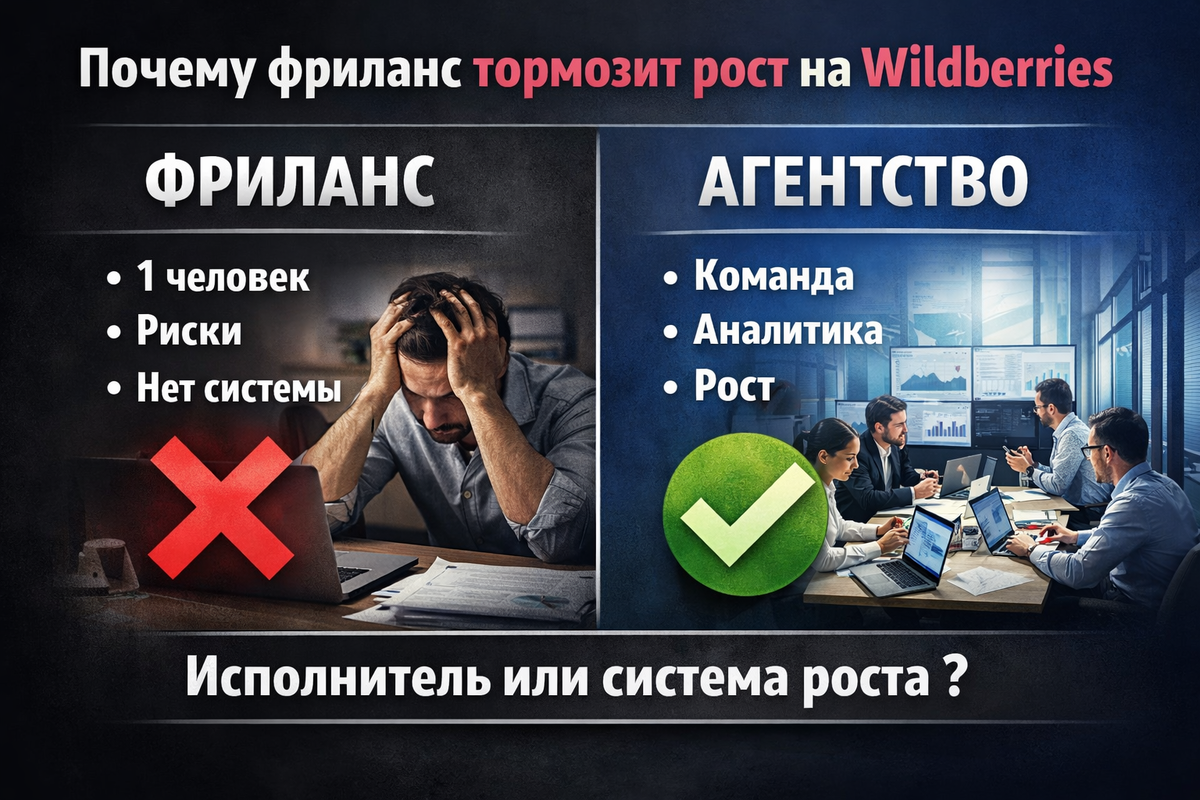 Сравнение работы с фрилансером и агентством маркетплейсов: влияние на рост продаж, стабильность процессов, аналитические возможности и управляемость бизнеса на Wildberries.
