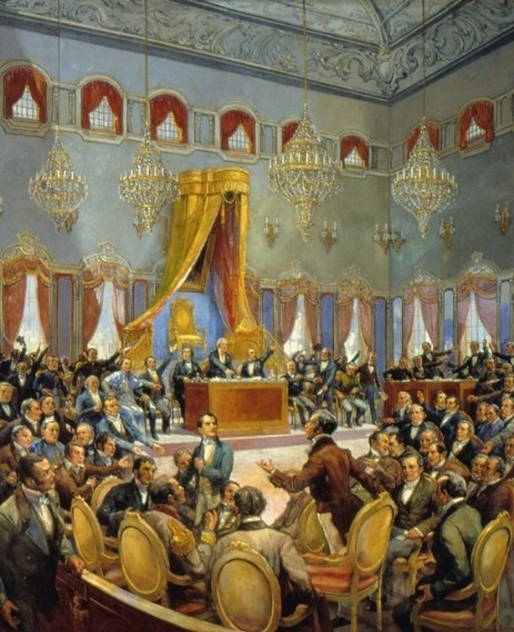 Рис. 2. Заседание Учредительного собрания Португалии – Генеральных и чрезвычайных кортесов Португальской нации (порт. Cortes Gerais e Extraordinárias da Nação Portuguesa) во Дворце Несессидадиш (порт. Palácio das Necessidades). Картина португальского художника Оскара Перейра да Сильва (порт. Oscar Pereira da Silva)