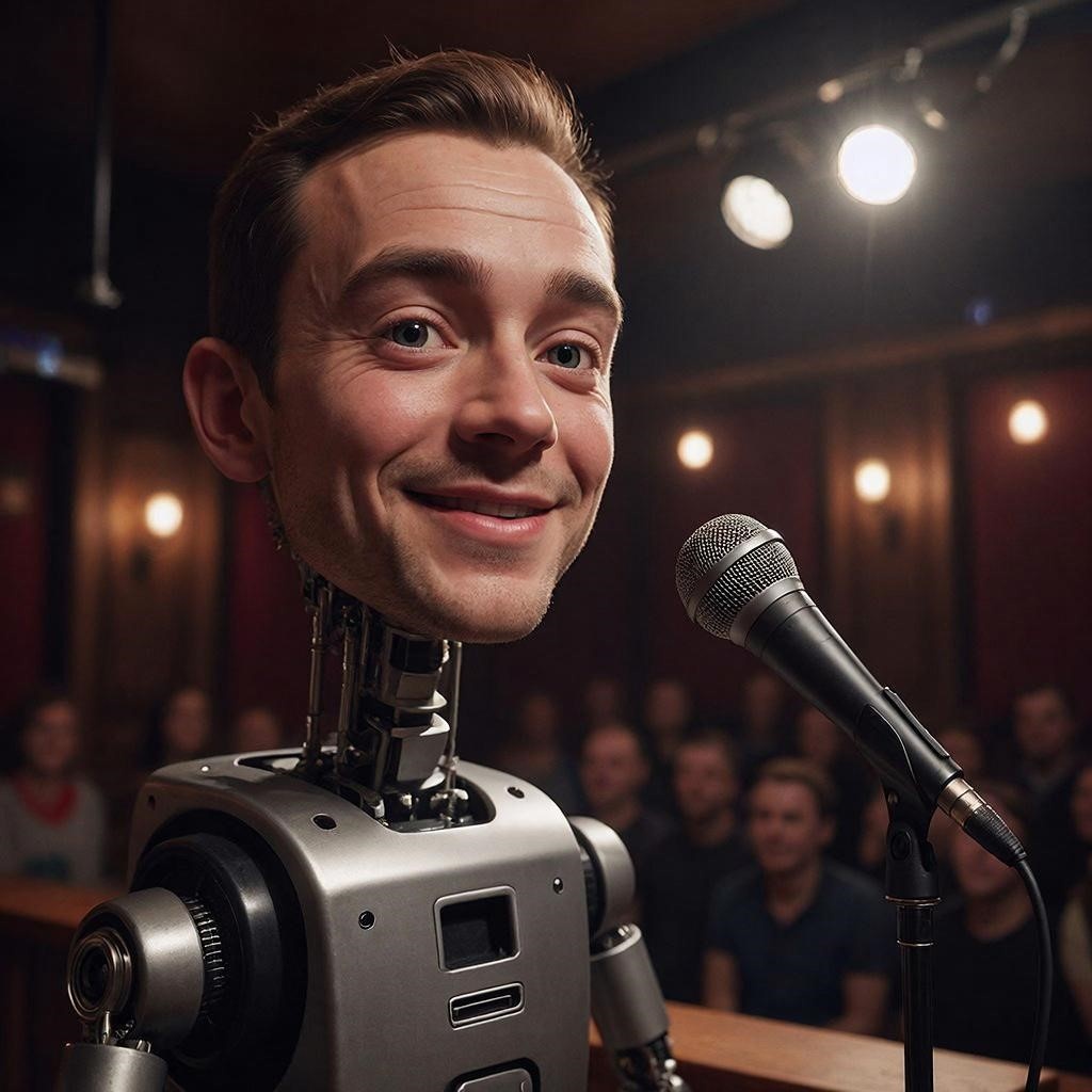 Робот-комик с фото-реалистичным лицом молодого мужчины выступает на сцене.