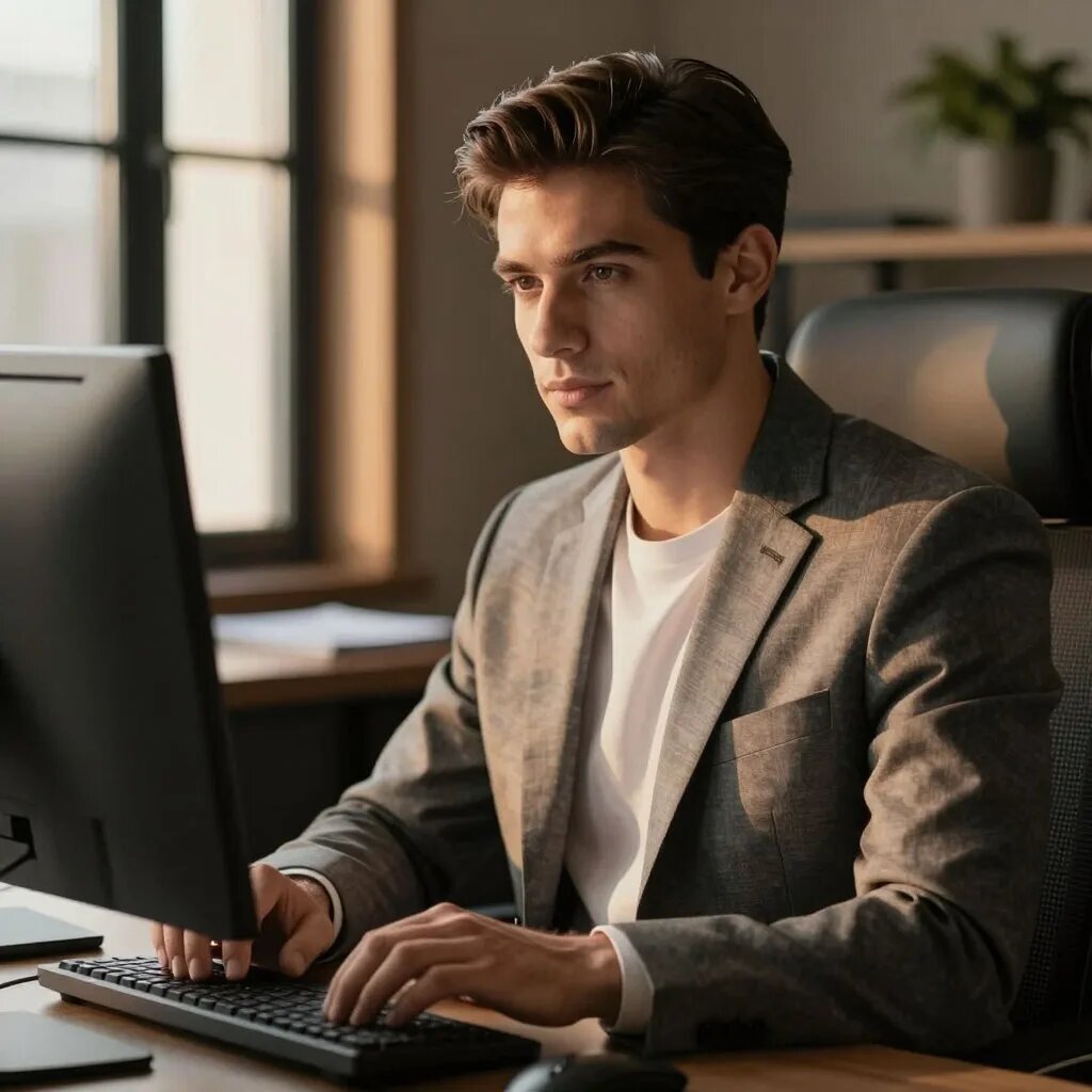 За компьютером. Иллюстрация сгенерирована нейросетью