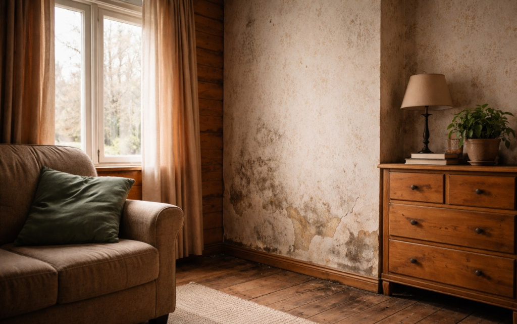  Проверяйте стены за мебелью и в углах – даже небольшие пятна или отслоения обоев сигнализируют о появлении грибка. Фото: Chat GPT