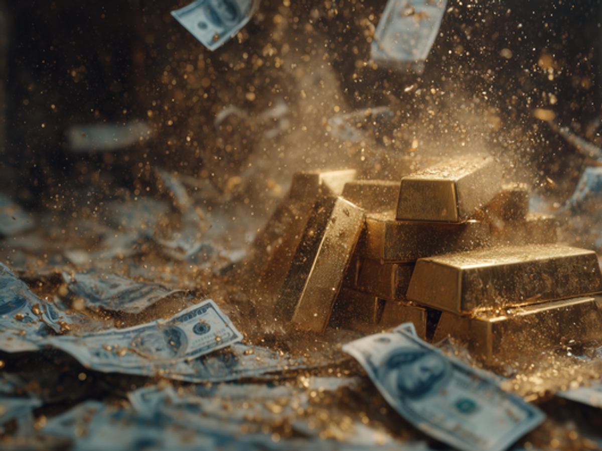   Бумажные деньги, рассыпающиеся в пыль, в то время как слитки чистого золота остаются нетронутыми© RIA Novosti . Изображение сгенерировано ИИ
