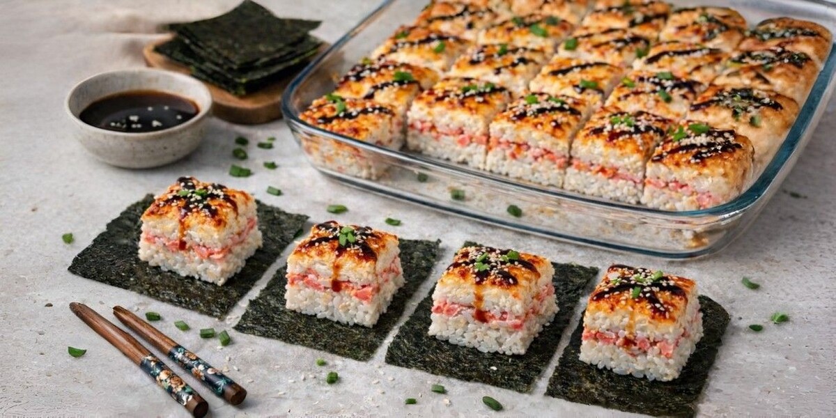 Суши‑торт в разрезе: рис, крабовая начинка и сырная шапочка. Источник: нейросеть📷
