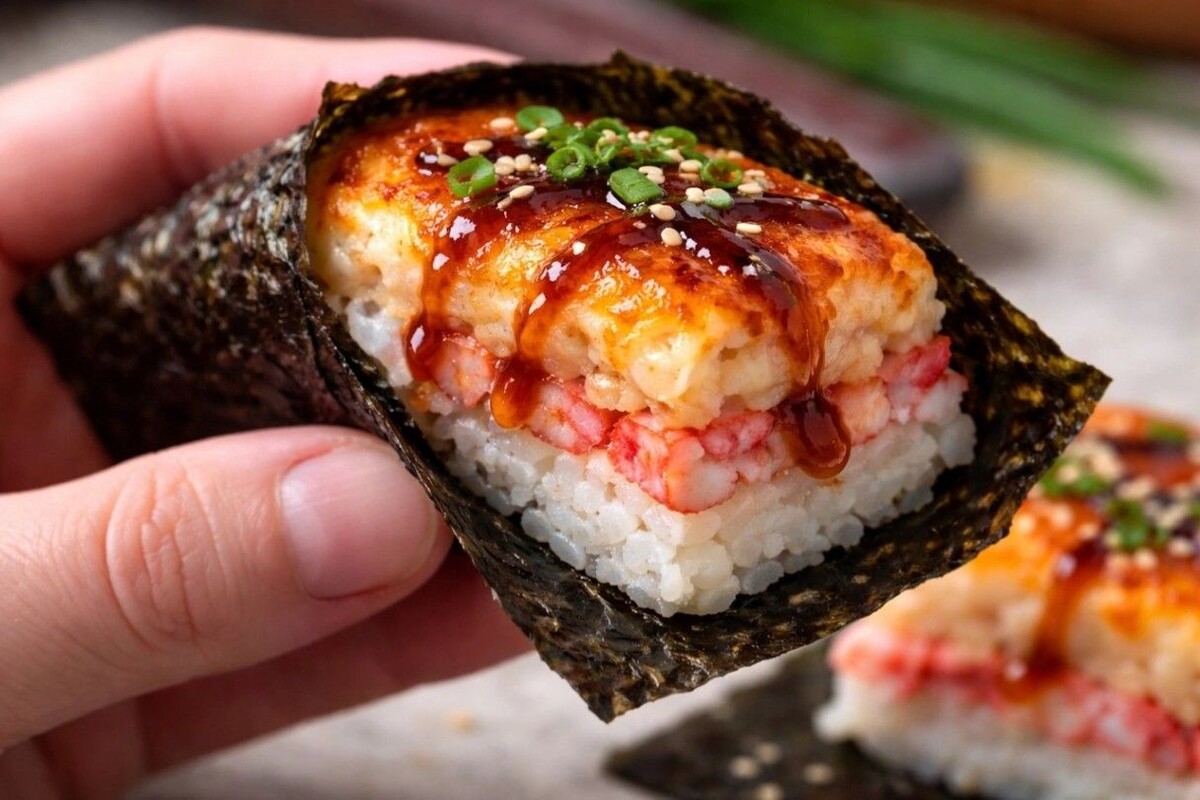 Запеченный суши‑торт с крабовыми палочками. Источник: нейросеть📷
