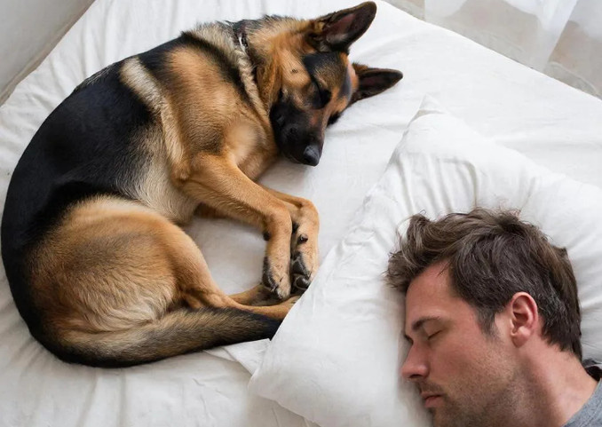 Собака спит с хозяином
