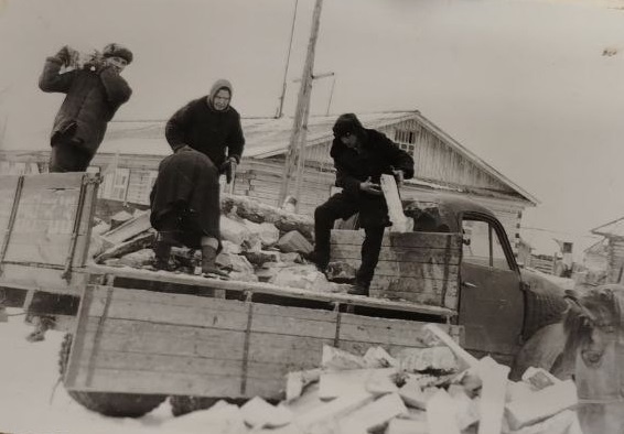 работники райисполкома и его отделов у детского сада (заготовка дров) по ул. Ленинской с. Тегульдет