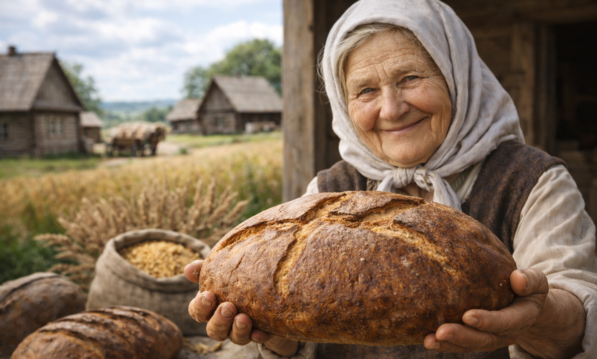 AI-иллюстрация: бабушка и хлеб.