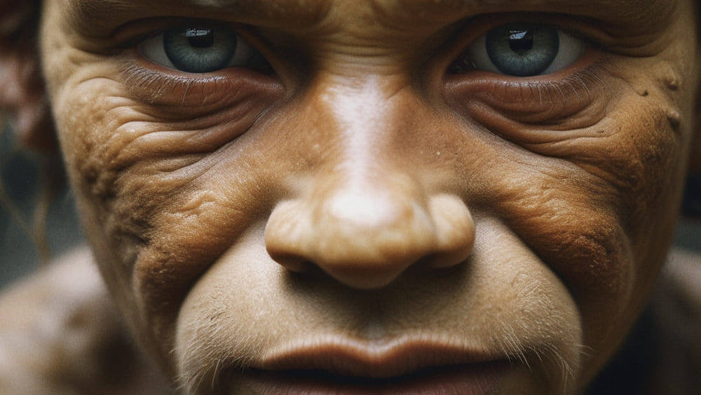 На фотографии изображен древний пожилой человек с морщинистой кожей, голубыми глазами и глубокими складками лица. Изображение сгенерировано в ИИ для иллюстрации идеи.