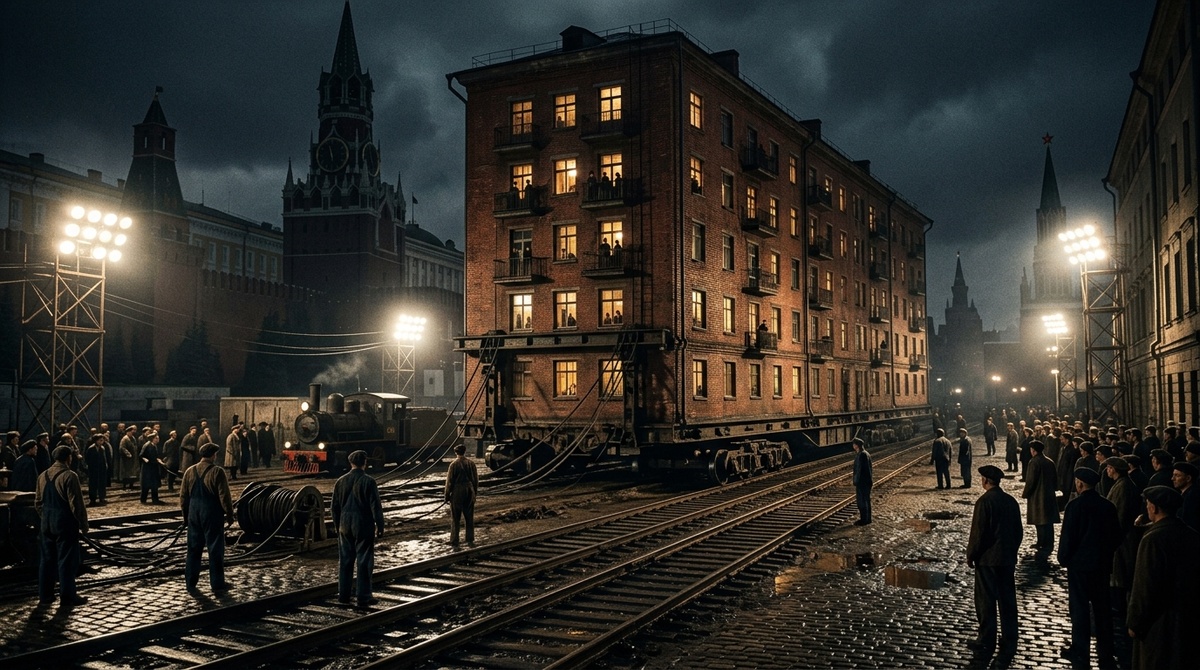 Передвижка жилого дома по улице Горького, Москва, 1937 год