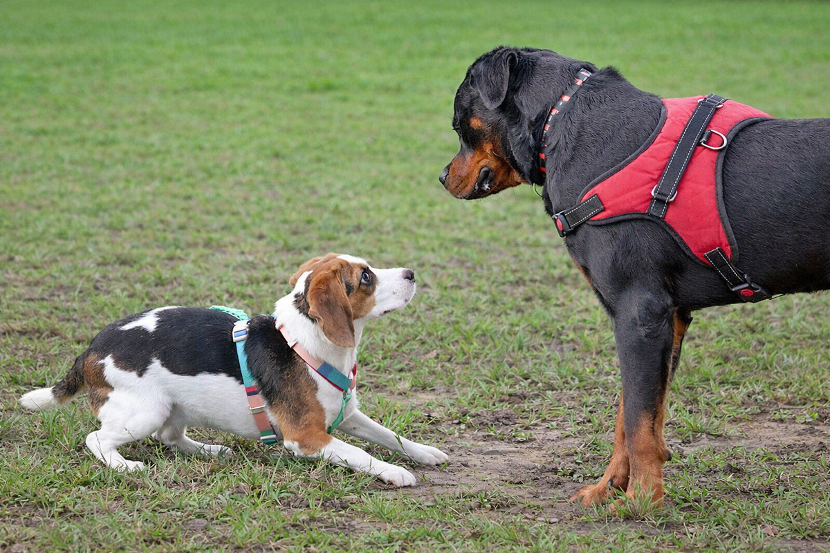 Собака ложится на живот при виде другой собаки