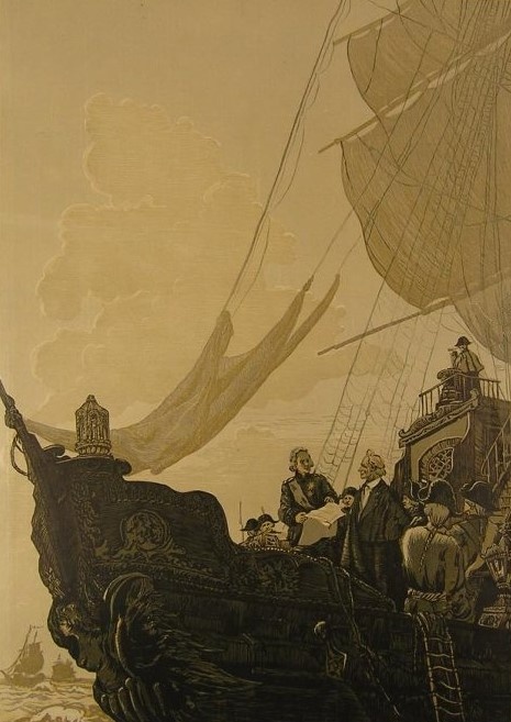 Л.А.Оскорбин. А.В.Суворов на корабле. Линогравюра цветная. Не позднее 1956. Новоладожский историко-краеведческий музей.