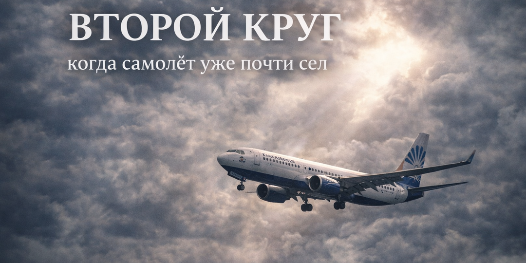 Второй круг. Когда самолёт уже почти сел, но вдруг снова ушёл в небо.