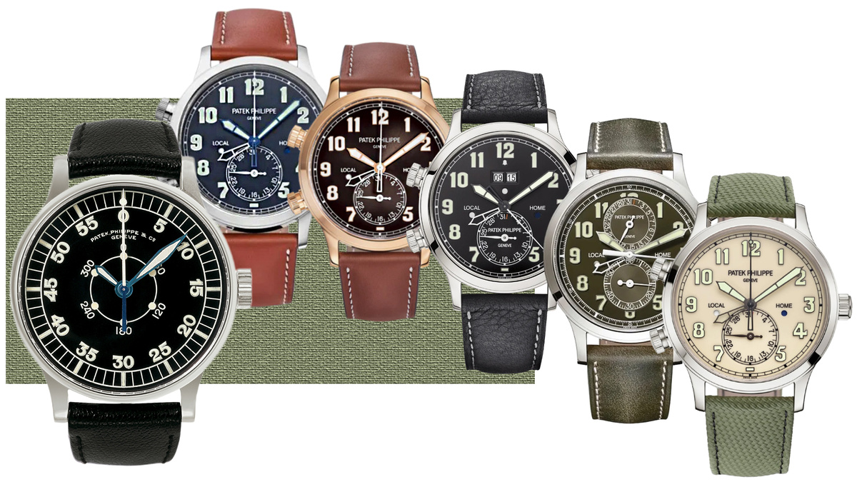 Слева направо: прототип Patek Philippe Pilot 1936 года, PP Pilot Travel Time 5524G-001, 7234R-001(Ladies), 5520P-001, 5924-010, 5524G-010.