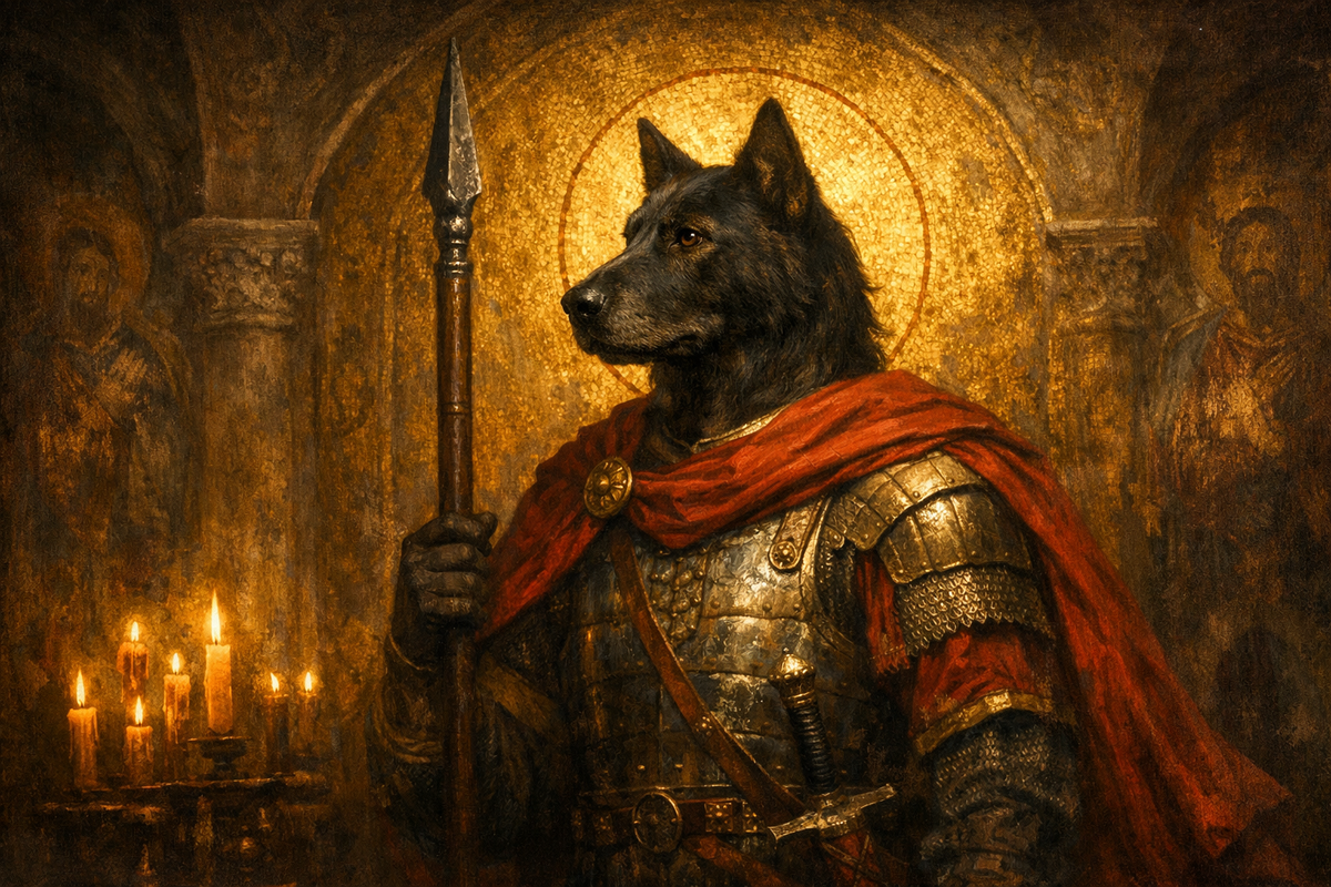 Древний святой воин Христофор Псоглавец в византийских доспехах и красном плаще стоит в полутёмном храмовом пространстве. У него пёсья голова, но образ не чудовищный, а строгий, скорбный и благородный. Вокруг — золотой фон иконы, тёплый свет свечей, тени старых фресок, ощущение древней тайны и мученического достоинства.