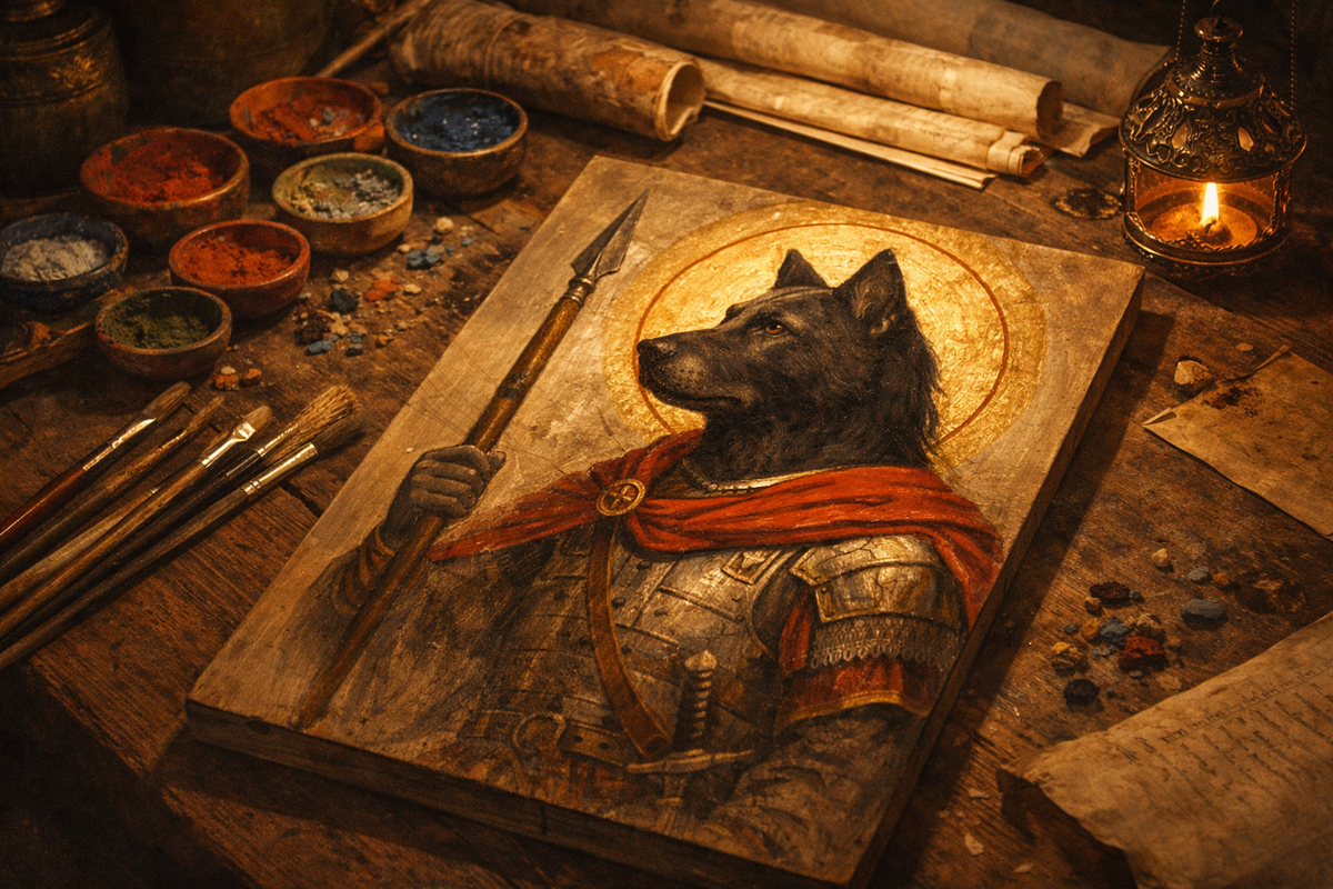 Мастерская древнего иконописца. На деревянной доске постепенно проявляется образ Христофора Псоглавца: золотой нимб, красный плащ, копьё, воинские доспехи, строгая пёсья голова в профиль. Вокруг лежат кисти, минеральные краски, лампада, пергаменты. Атмосфера сосредоточенного священного труда и рождения сложного, редкого иконографического образа. 