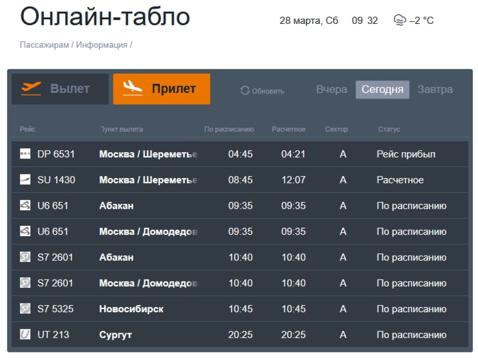    Онлайн-табло. Источник: Сайт аэропорта Барнаул