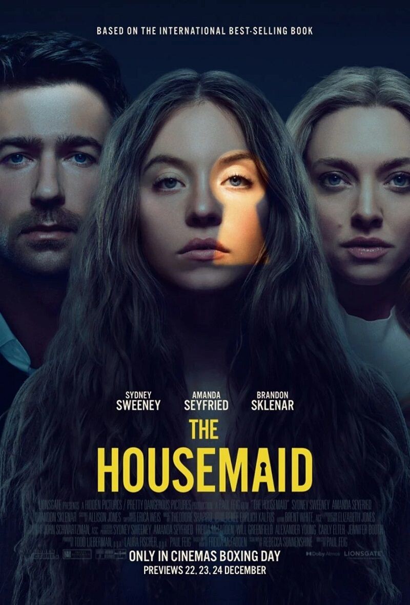 На изображении представлен постер фильма «The Housemaid» («Горничная») — триллера 2025 года, основанного на одноимённом международном бестселлере Фриды Макфадден.