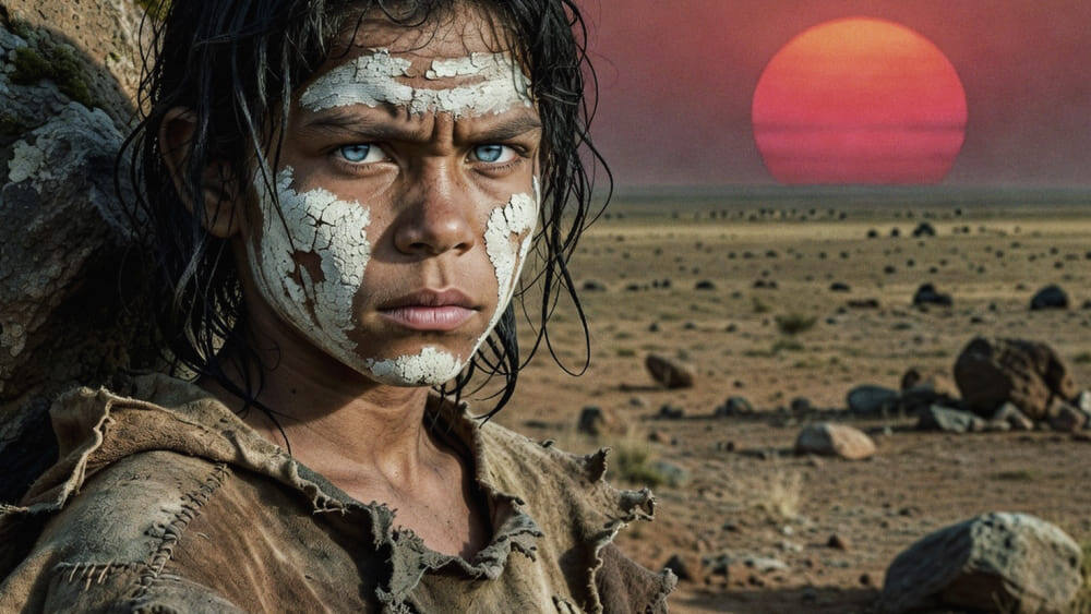 На фотографии изображен подросток с белой краской на лице и голубыми глазами, прислонившийся к камню в пустыне на фоне красного солнца и разбросанных камней. Изображение сгенерировано в ИИ для иллюстрации идеи.