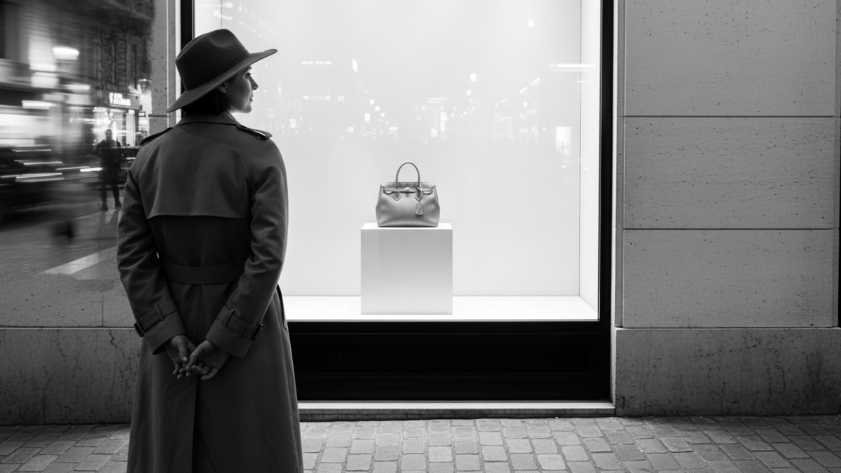 осознанный выбор, пауза перед покупкой, 24 часа, самоконтроль, потребление, чёрно-белое фото, женщина, город