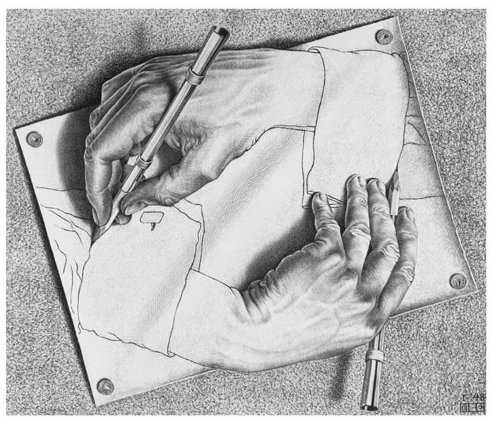 Литография Эшера «Рисующие руки» (Drawing Hands, 1948) — самый узнаваемый и цепляющий образ