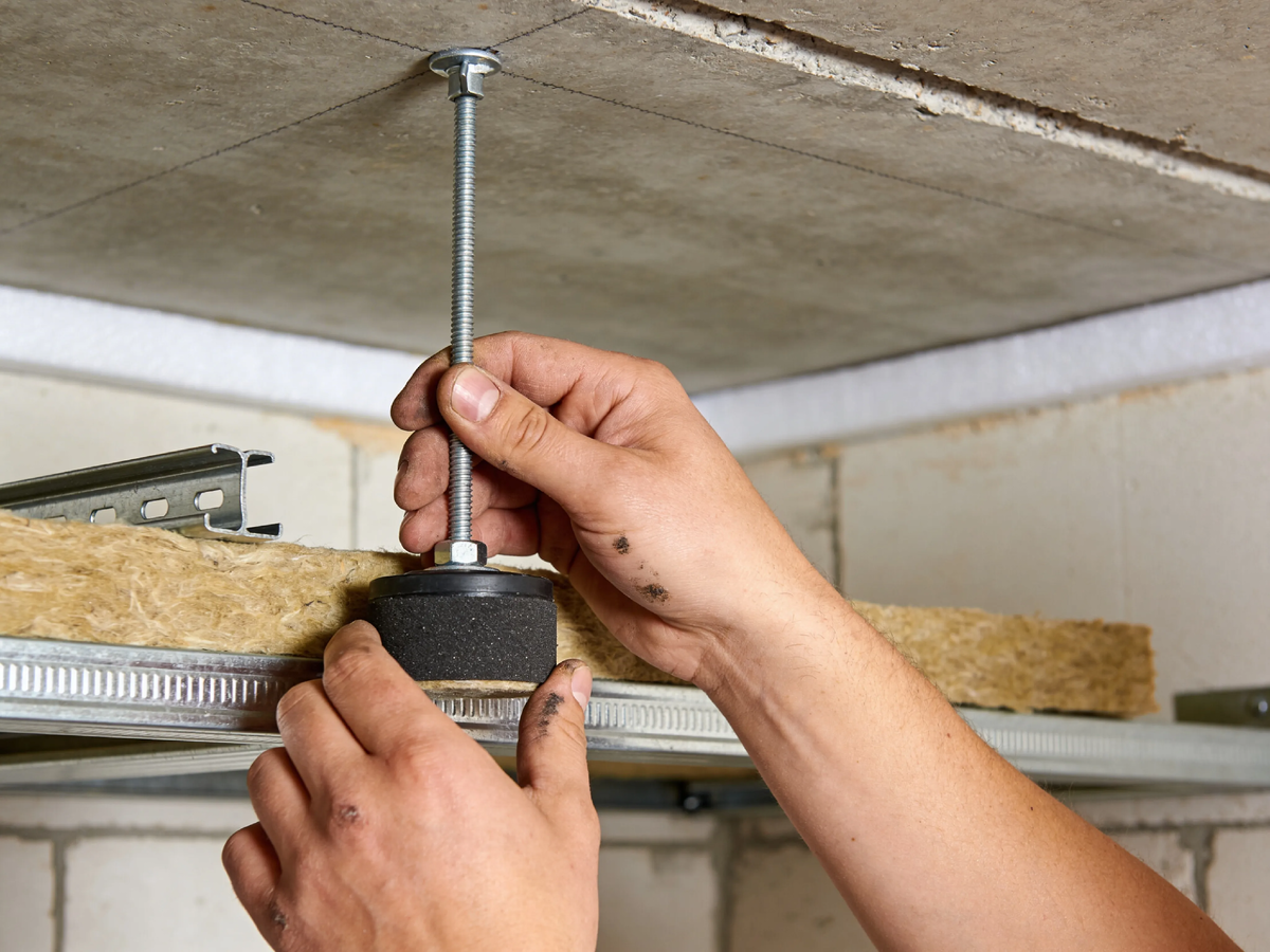 Виктор три года спал в берушах. Пока не сделал вот такую конструкцию: виброподвесы, минвата 50 кг/м³, два слоя гипсокартона. Теперь соседей сверху не слышит. Как повторить — внутри.