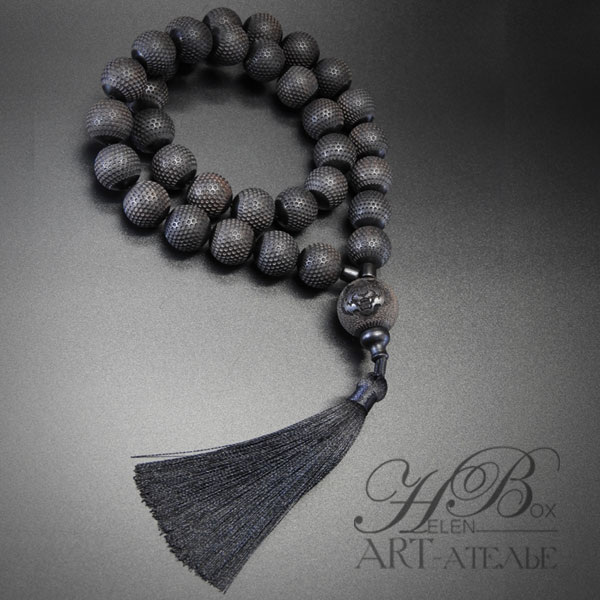 Эбеновые четки, 33 зерна, бусины с гравировкой (Соты 15мм. и голова Тигра 20мм.) HelenBox  📷
