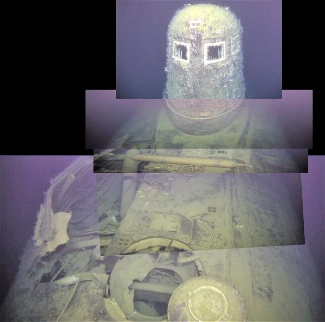 Составное изображение передней внешней палубы «Комсомолца» , демонстрирующее значительные повреждения. (Гвинн и др., PNAS , 2026)