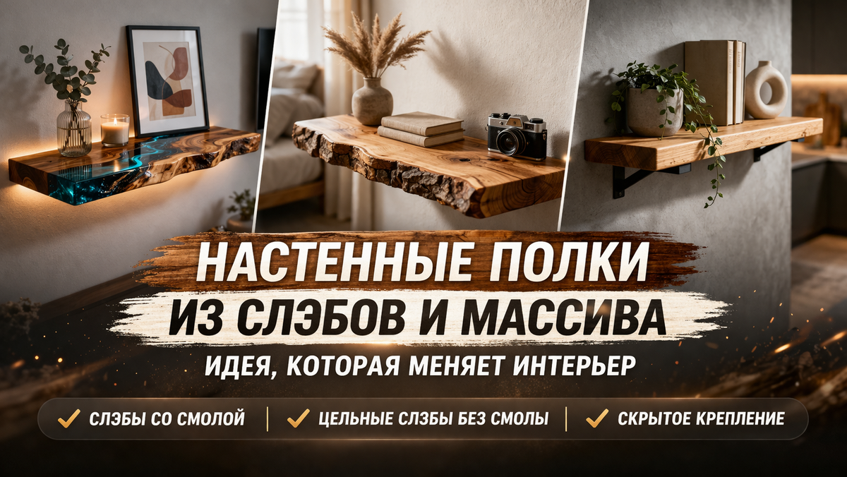 Настенные полки из слэбов дерева и эпоксидной смолы