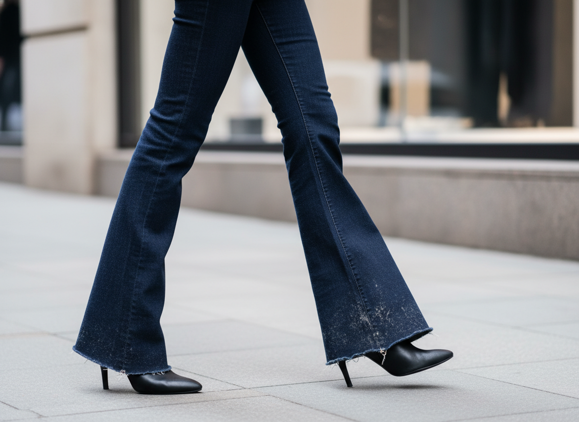 Крупный план: слишком длинный подол клеша гармошкой у щиколотки и потёртый край, из-за этого шаг выглядит тяжёлым