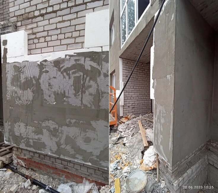 1.1. Не обеспечено минимальное требуемое покрытие армирующей сетки в 1 мм.
1.2. Толщина армированного базового слоя менее 3 мм.
 (Нарушены требования таблицы 8.2 «Контролируемые параметры при устройстве СФТК» СП 293.1325800.2017 «Системы фасадные теплоизоляционные композиционные с наружными штукатурными слоями. Правила проектирования и производства работ»)