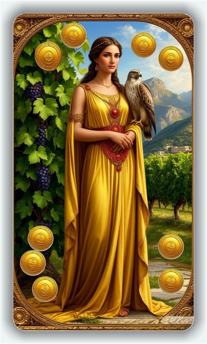 Девять Пентаклей – это символ успешной женщины, которая благодаря своей проницательности, трудолюбию и чувству собственного достоинства смогла построить гармоничную жизнь.