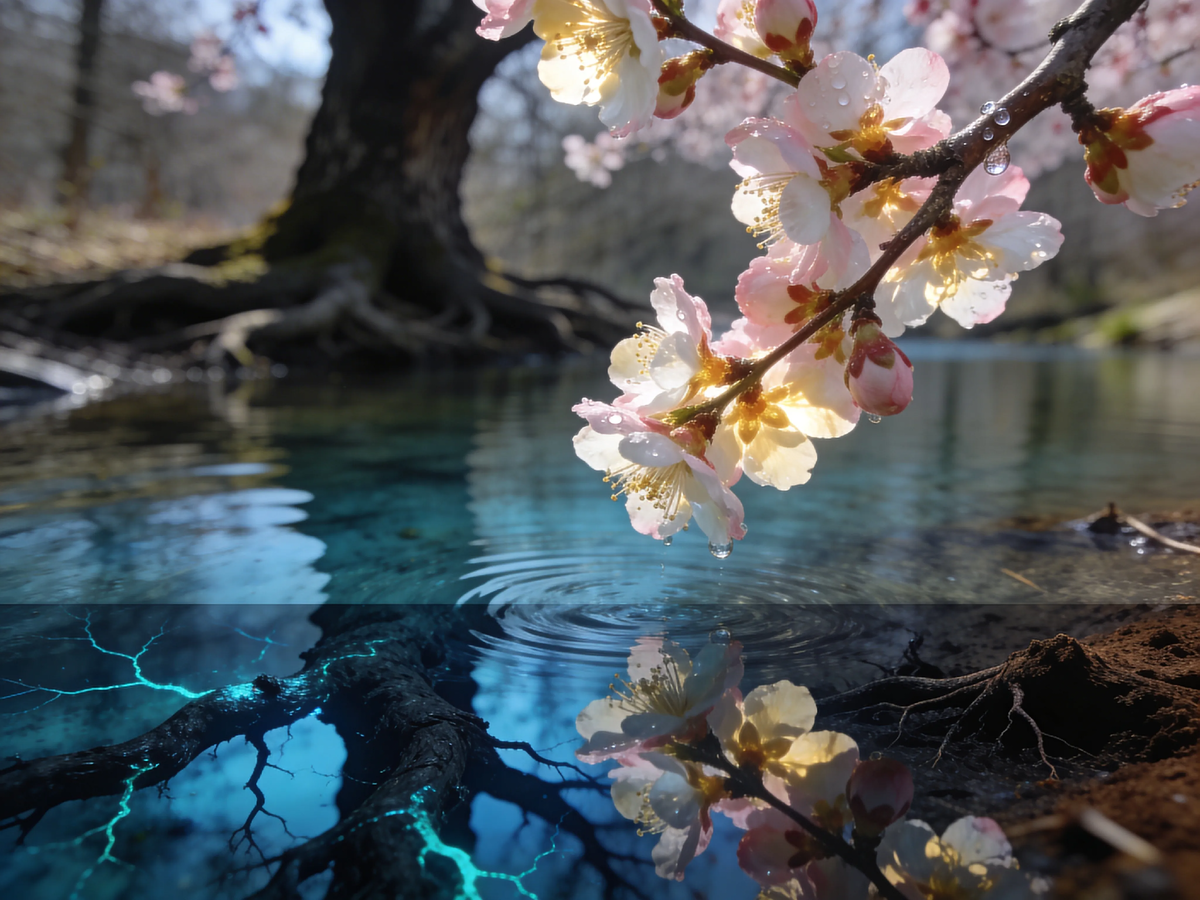 Нежные лепестки, розовый свет, отражение в воде. Красота? Да. Но посмотрите вниз: в отражении — не цветы, а корни. Ядовитые. Сакура цветёт, чтобы выжить, но её косточки содержат цианистый калий. Вишня убивает. Красота — это оружие. Или последняя молитва.
