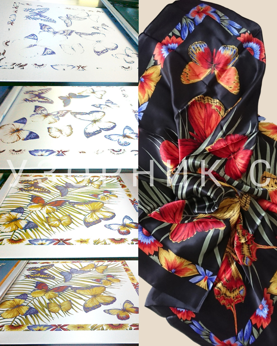 Как печатают платок, коллаж автора, фото из открытых источников и фото автора