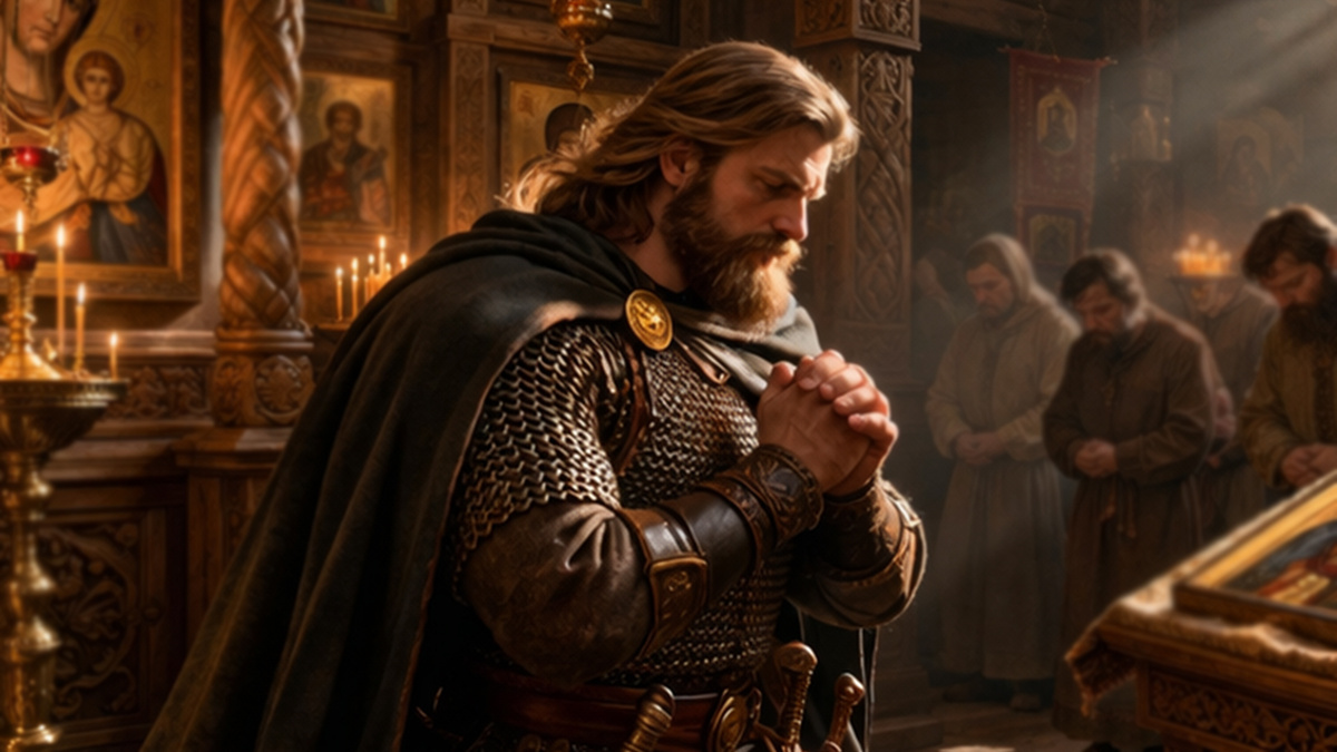 Илья Муромец молится Богу перед дальней дорогой