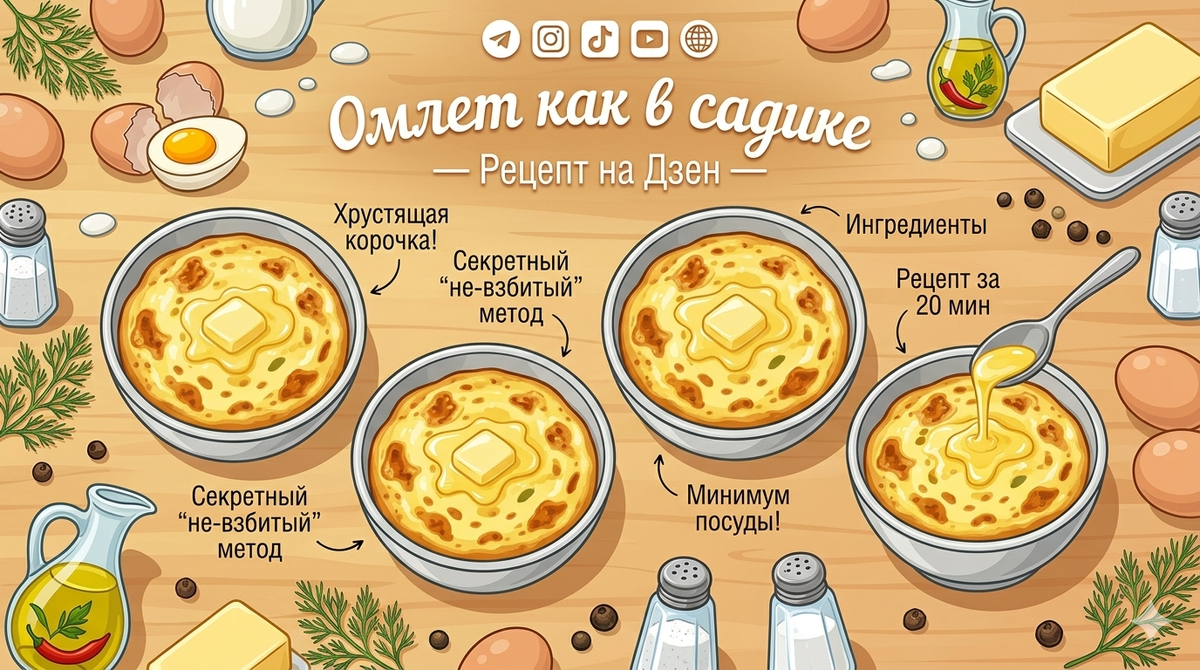 🛒 Что нам понадобится (Базовый набор):На картинке я выделила основные пропорции, чтобы вам было удобно сохранить:Яйца — 4 шт.Молоко — 150 мл (важно: не берите обезжиренное, 2.5–3.2% — идеально).Сливочное масло — 20 г (для той самой корочки и поливки сверху).Растительное масло — 1 ч. л. (смазать форму).Соль — 0.5 ч. л.