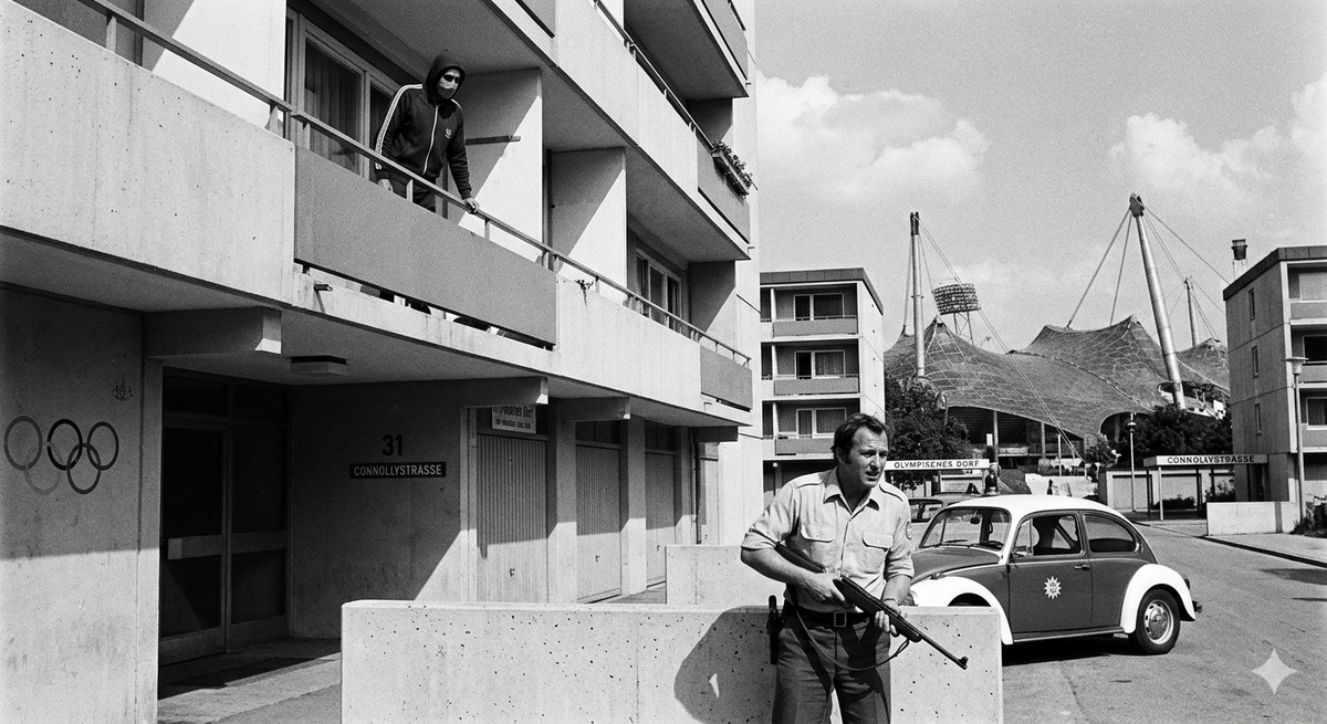Олимпиада в Мюнхене 1972 года. Изображение сгенерировано ИИ.