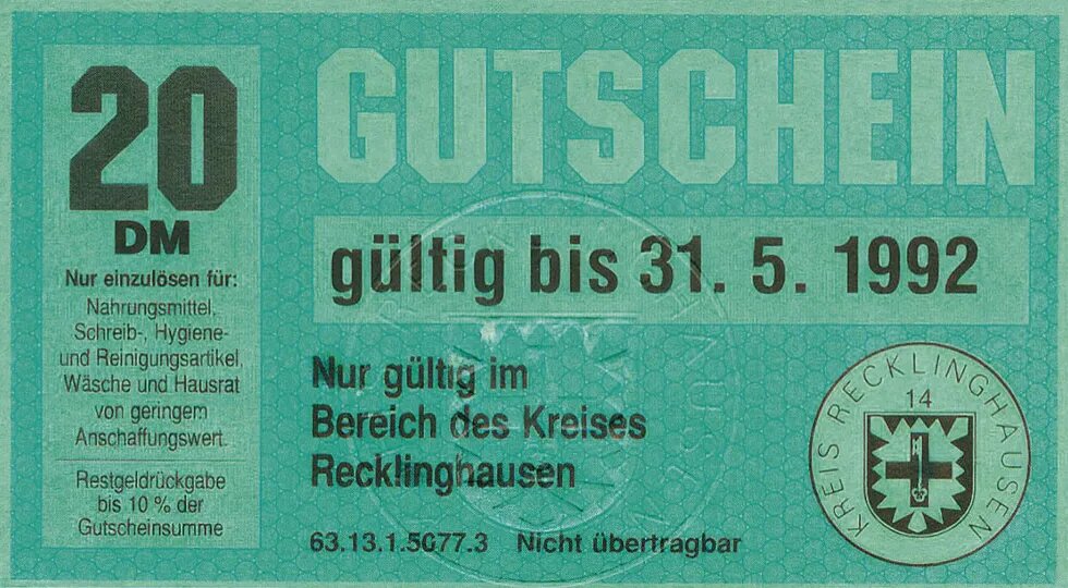 Район Реклингхаузен. 20 немецких марок (аверс)