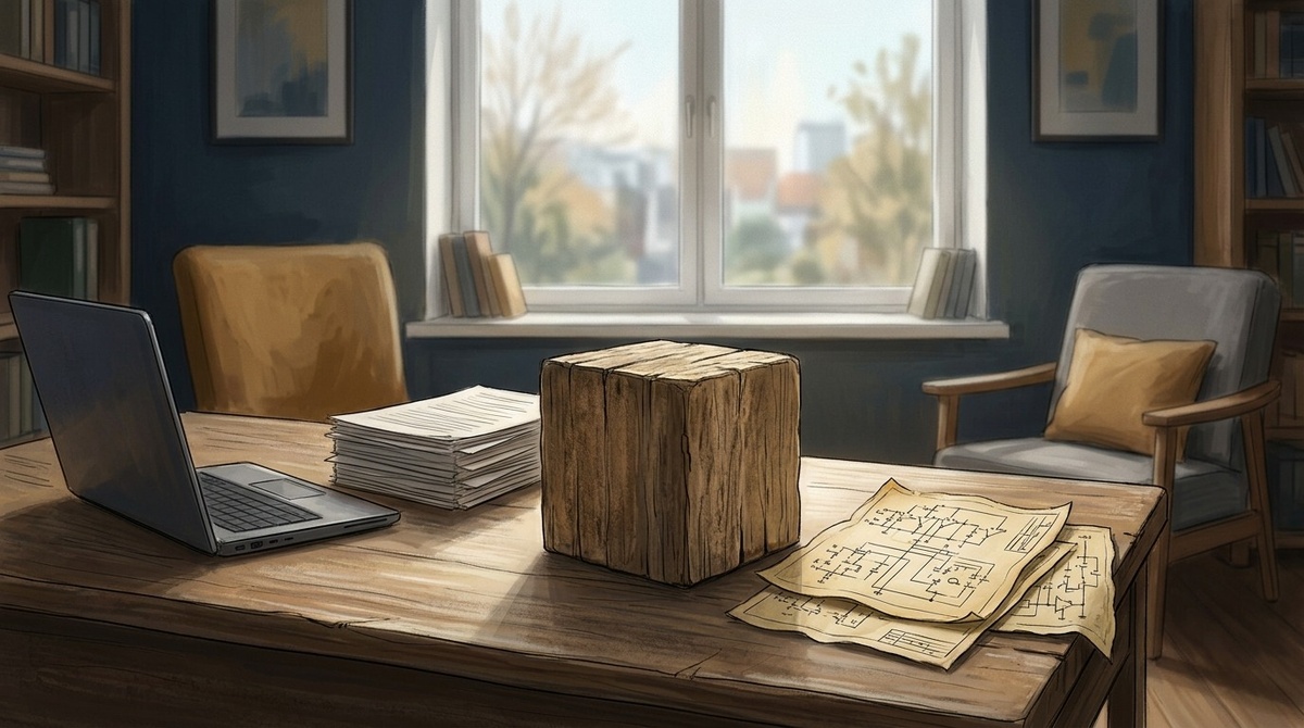 Кабинет психолога с деревянным кубом на столе