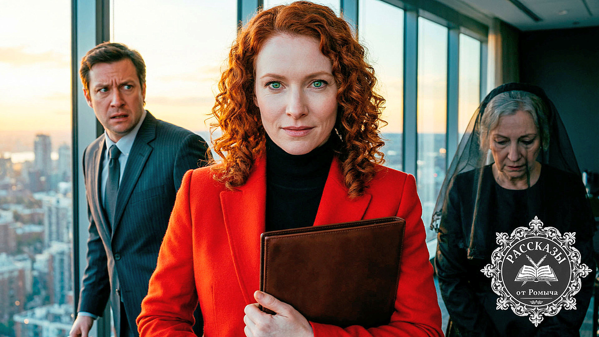 Женщина, рыжие волосы, зеленые глаза, в ярко-красном жакете, стоит у окна небоскреба, в руках кожаная папка. Позади неё в тусклом свете подавленная мачеха в траурной вуали и испуганный мужчина в костюме.