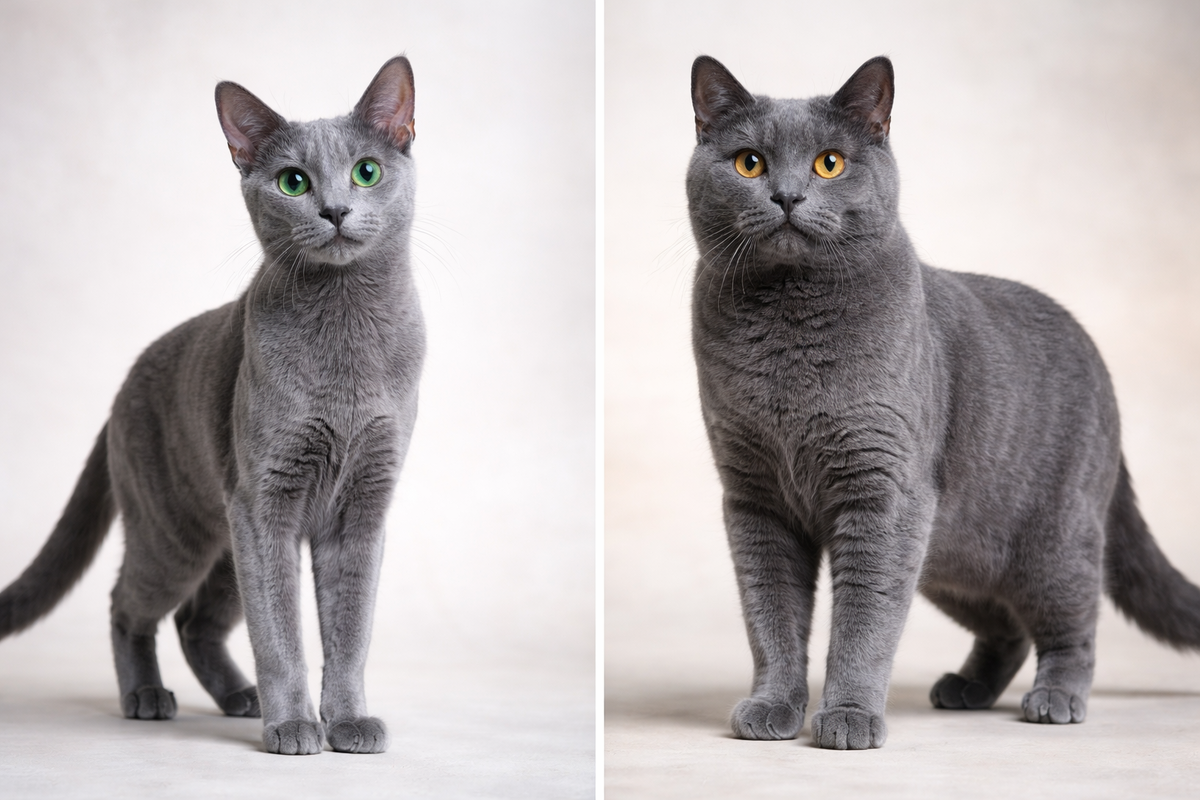 Слева русская голубая, справа шартрез. Изображение сгенерированно при помощии ИИ.