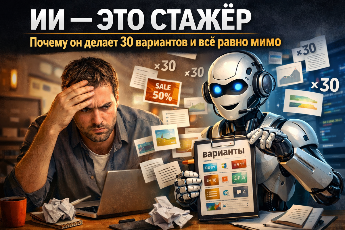 ИИ выдает 20–30 вариантов за минуту, но результат всё равно мимо? Дело в том, что ИИ – это не замена вам, а стажёр, с которым нужно уметь работать.
