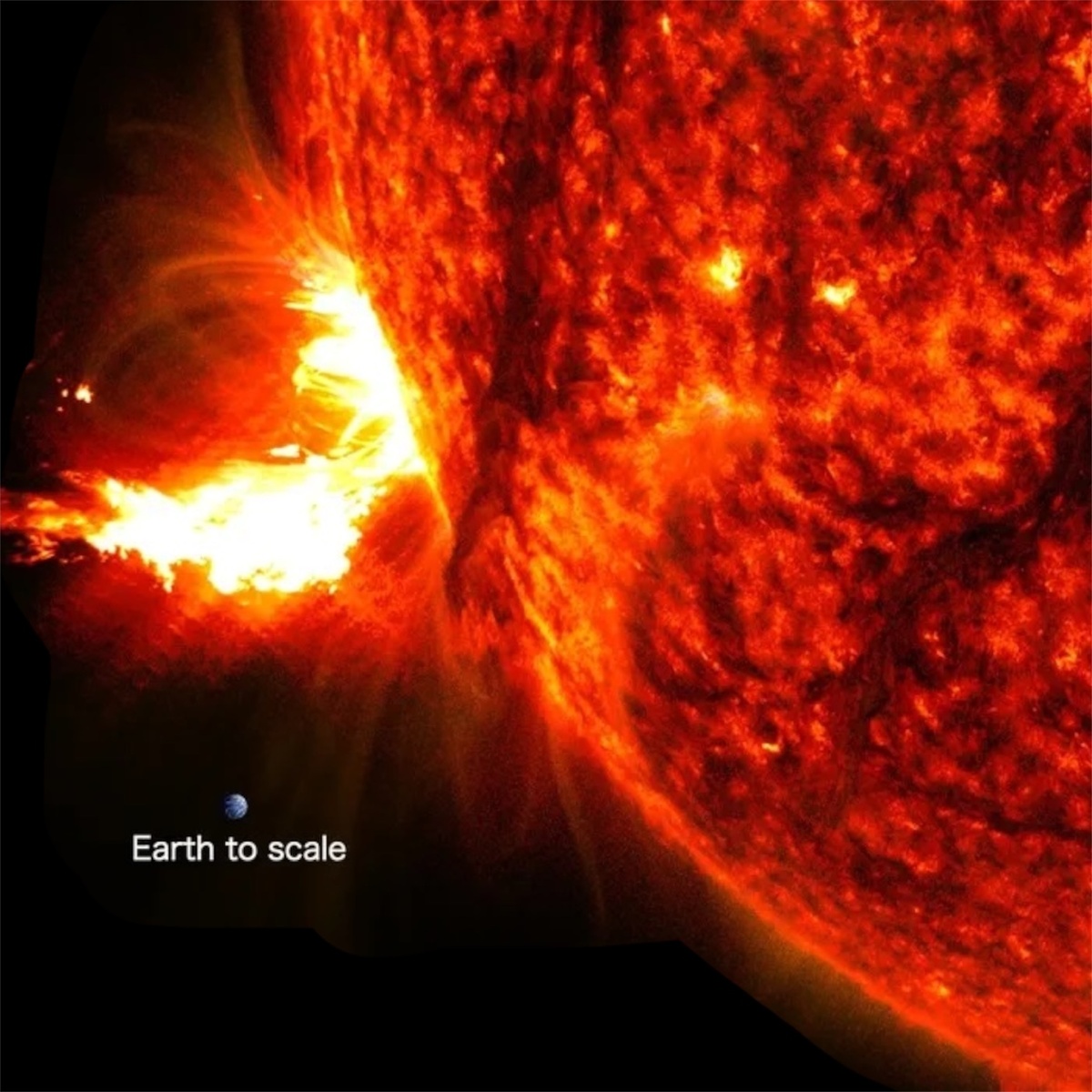 Фотография вспышки Солнца и вставленное изображение Земли в масштабе (NASA, май 2024 года)