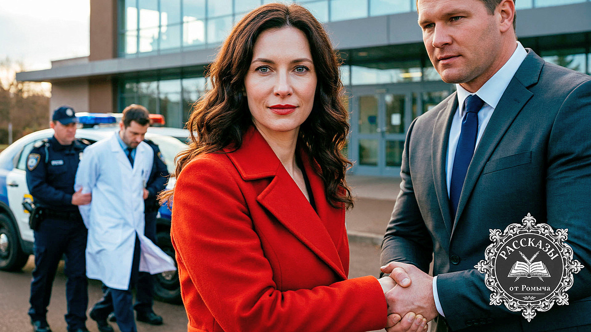 Женщина, каштановые волосы, темно-серые глаза, одета в ярко-красное пальто, стоит на фоне медицинского центра. Рядом с ней стоит высокий мужчина в строгом костюме и пожимает ей руку. На заднем плане полицейские уводят мужчину в белом халате к машине.