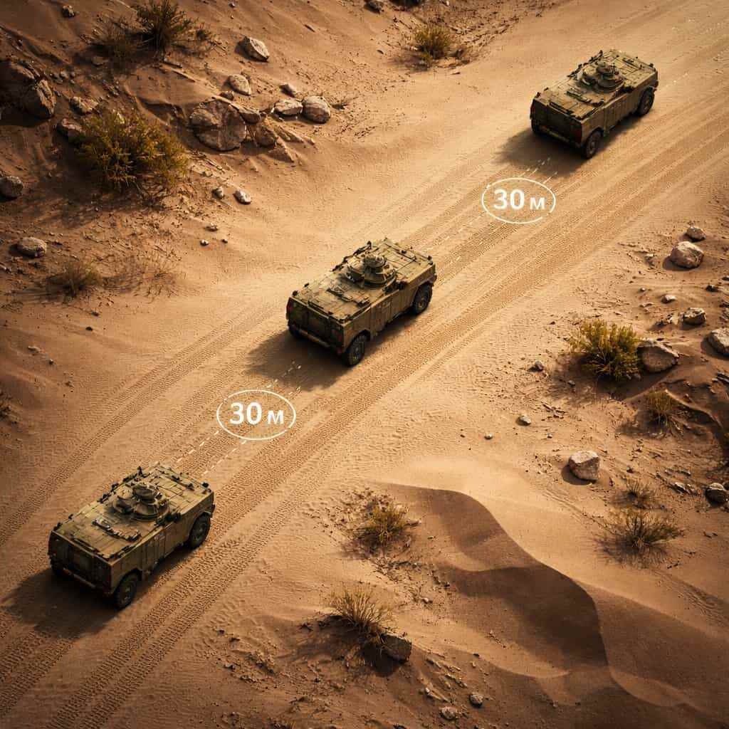 Держите расстояние между машинами не менее 20–30 метров. Это снижает массовые потери от высокоточного оружия на 90%. Любой начальник, расположивший технику ближе 20 метров от другой, — дурак и вредитель.