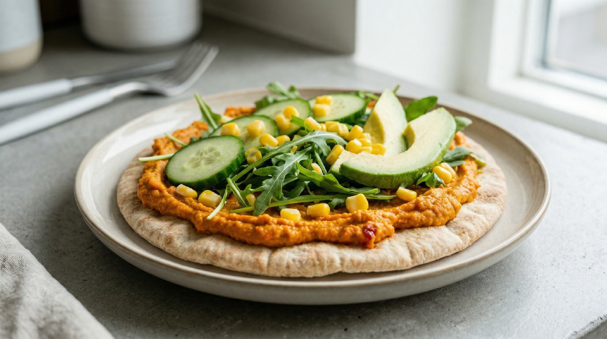 Морковный хумус с запеченным перцем — яркая закуска для подачи с питой или лавашом.