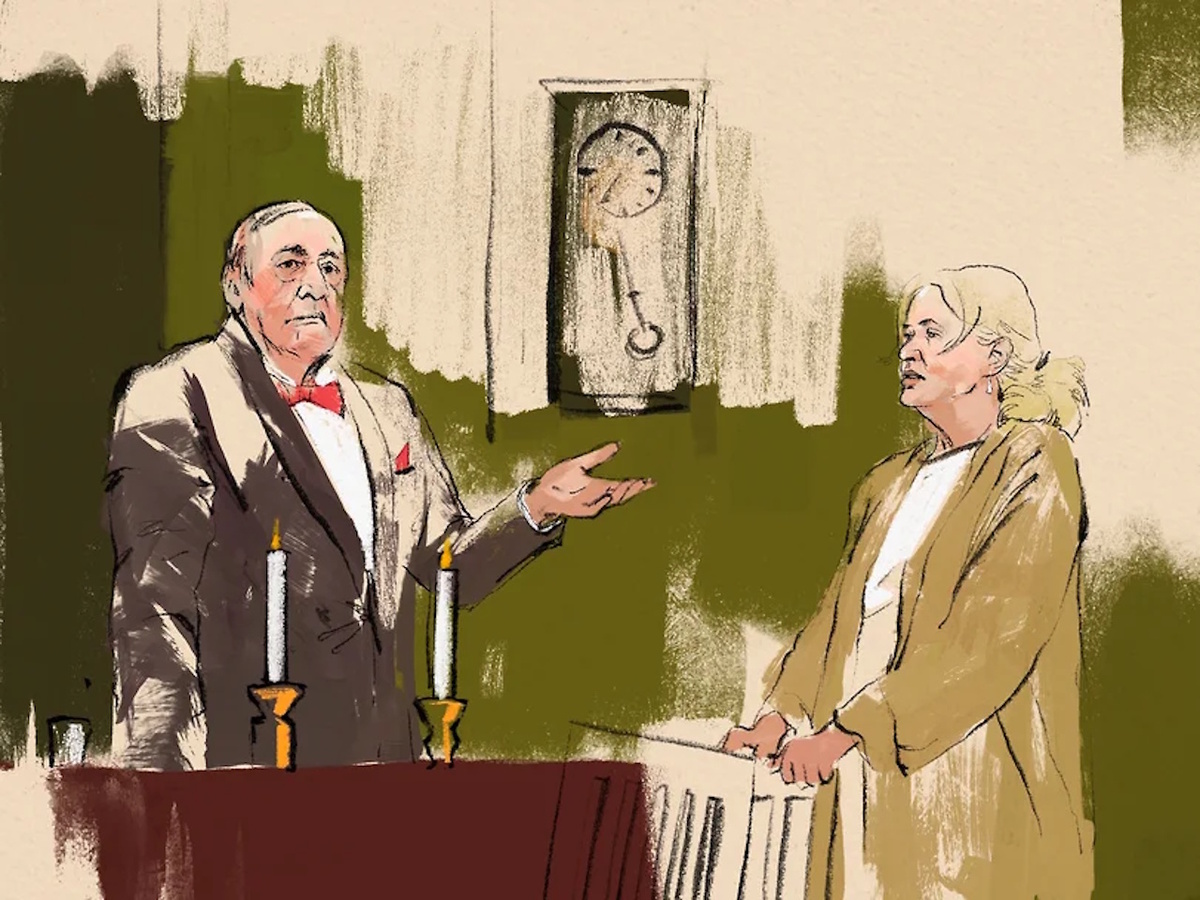 Михаил Ефремов и Анна Михалкова в спектакле театра «Мастерская 12» «Без свидетелей». Фото: Рисунок Эльвиры Насибуллиной/КоммерсантЪ