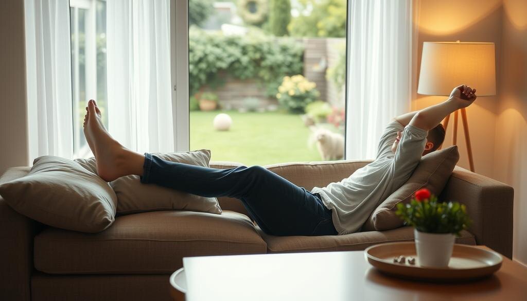   Человек растягивает ноги на уютном диване в теплой обстановке, создавая атмосферу комфорта.